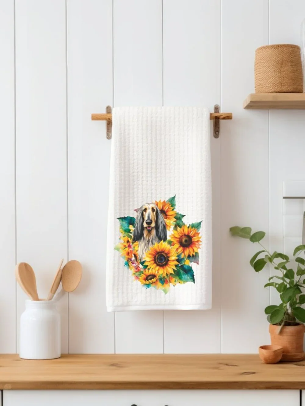 Afghan Hound & Sunflowers Waffle Weave Decorative Kitchen Tea Towel